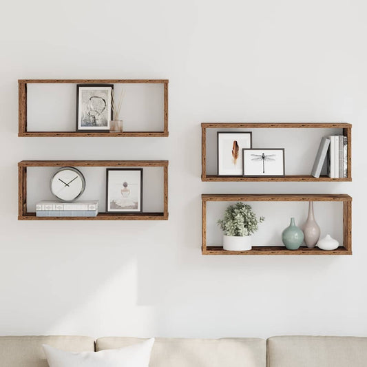 4 db antik fa színű szerelt fa fali kockapolc 60 x 15 x 23 cm