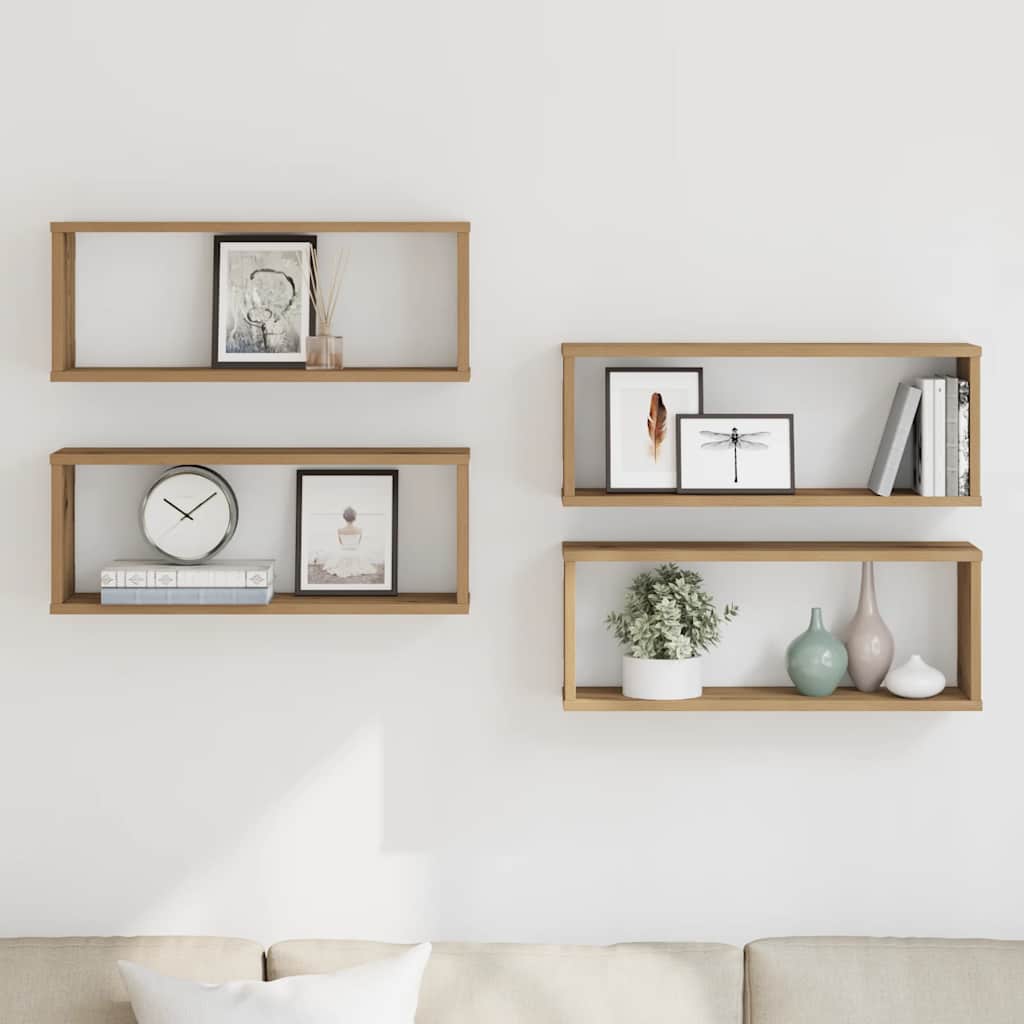 4 db kézműves tölgy színű szerelt fa fali kockapolc 60x15x23 cm