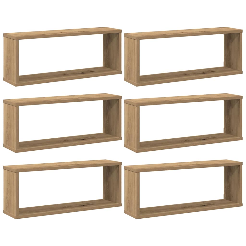 6 db kézműves tölgy színű szerelt fa fali kockapolc 60x15x23 cm