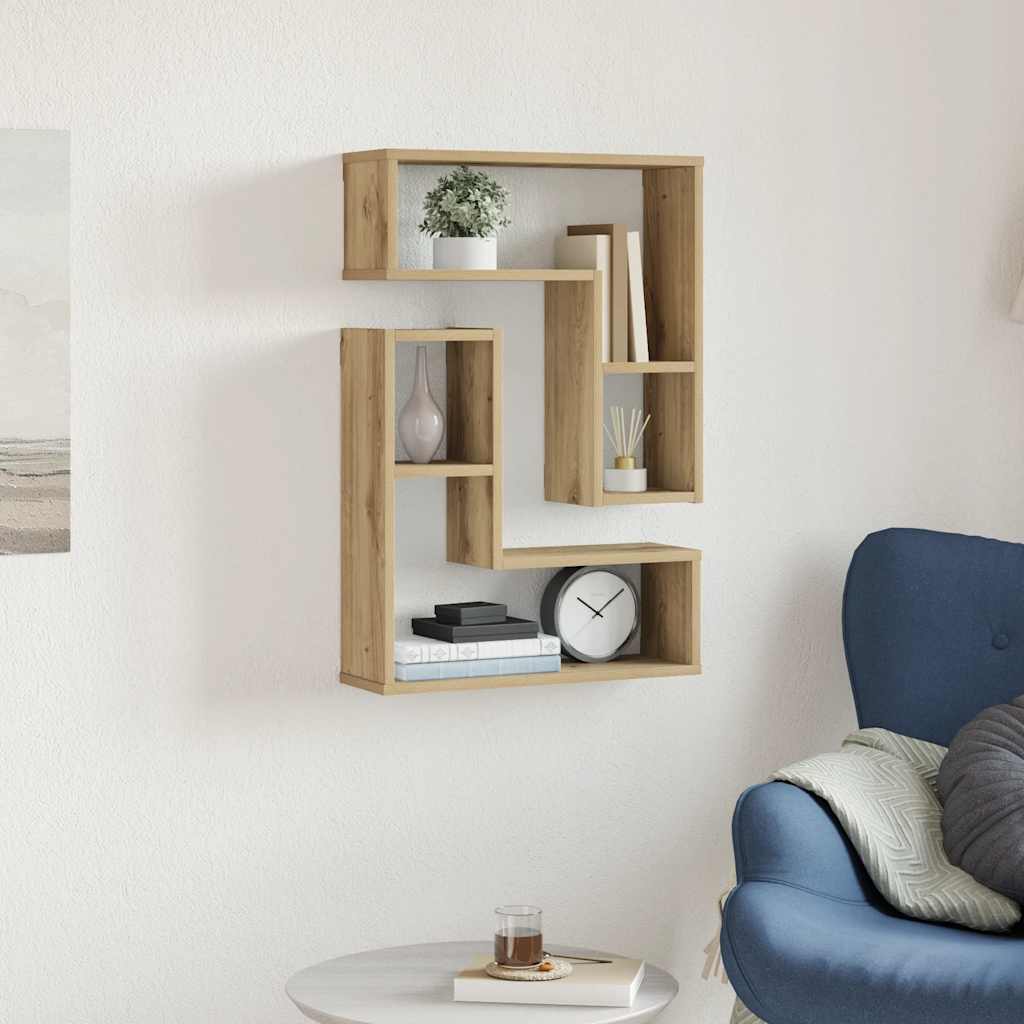 2 db kézműves tölgyszínű szerelt fa fali kockapolc 50x15x50 cm