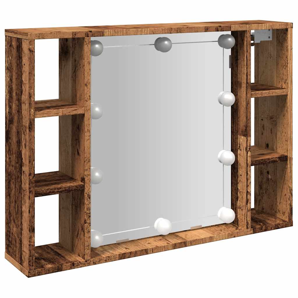 antik fa színű szerelt fa tükrös szekrény LED-ekkel 76x15x55 cm