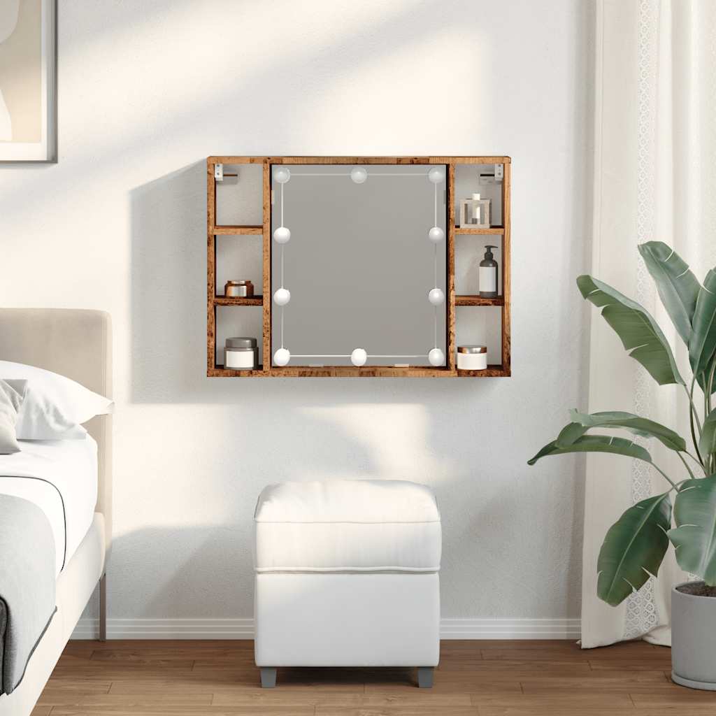 antik fa színű szerelt fa tükrös szekrény LED-ekkel 76x15x55 cm