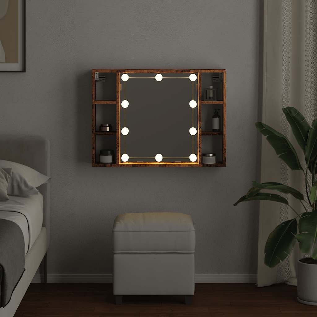 antik fa színű szerelt fa tükrös szekrény LED-ekkel 76x15x55 cm