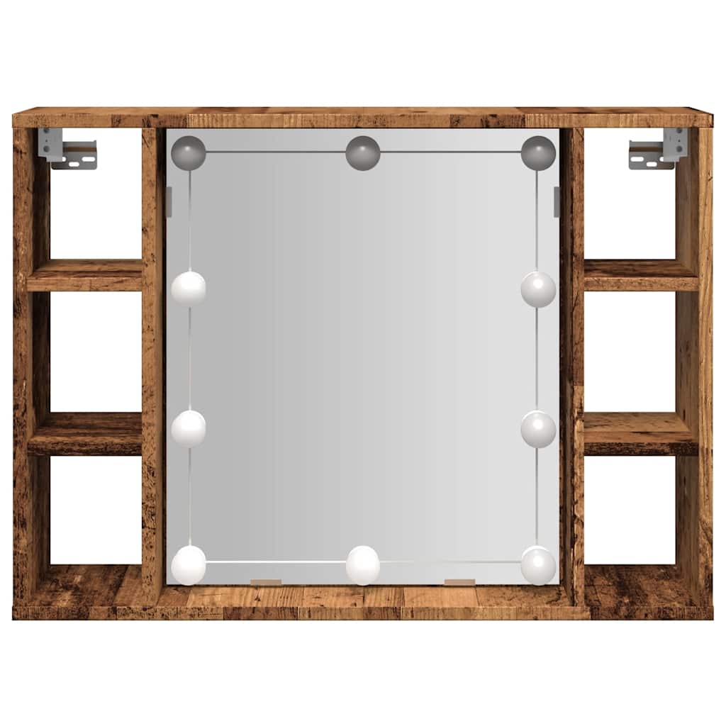 antik fa színű szerelt fa tükrös szekrény LED-ekkel 76x15x55 cm