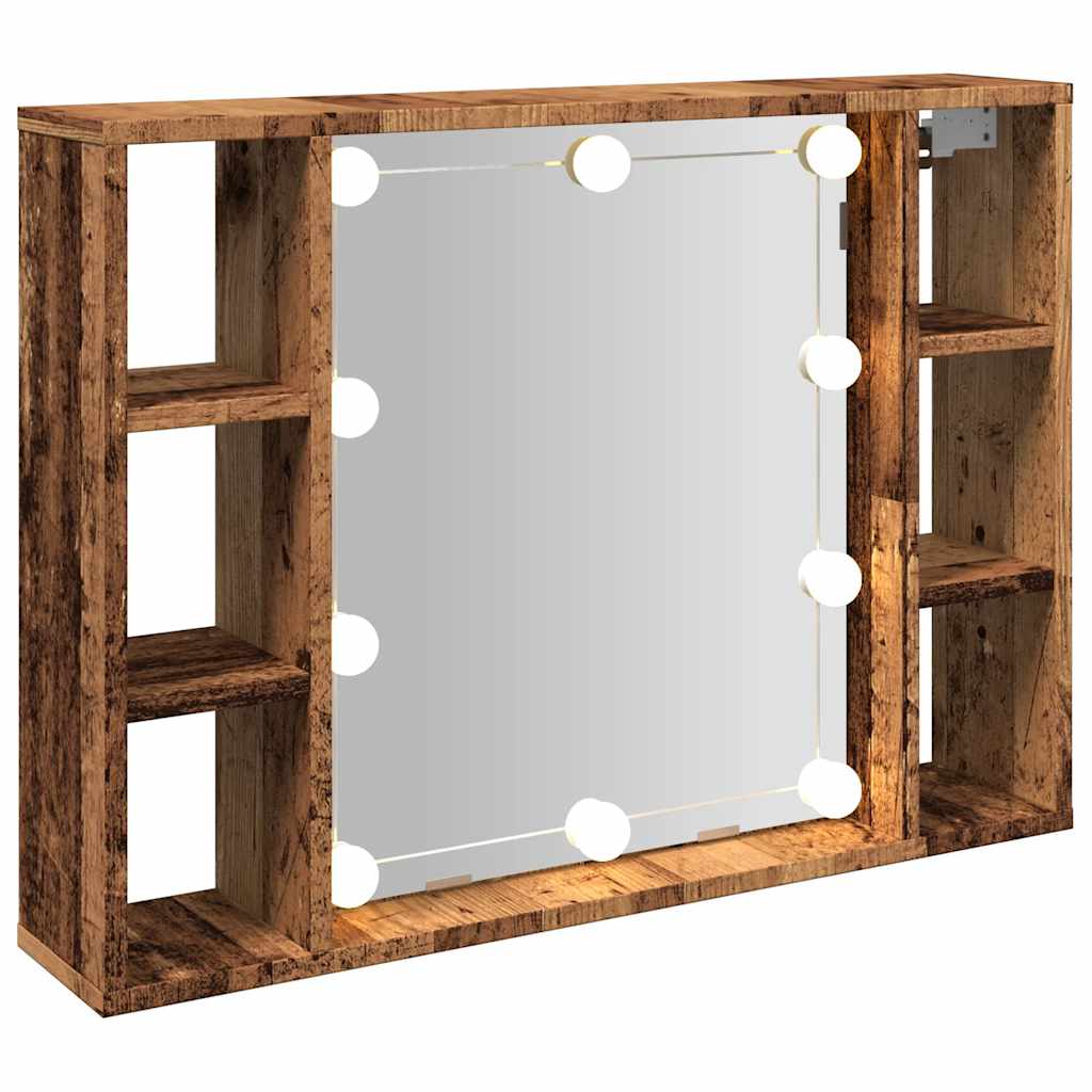 antik fa színű szerelt fa tükrös szekrény LED-ekkel 76x15x55 cm