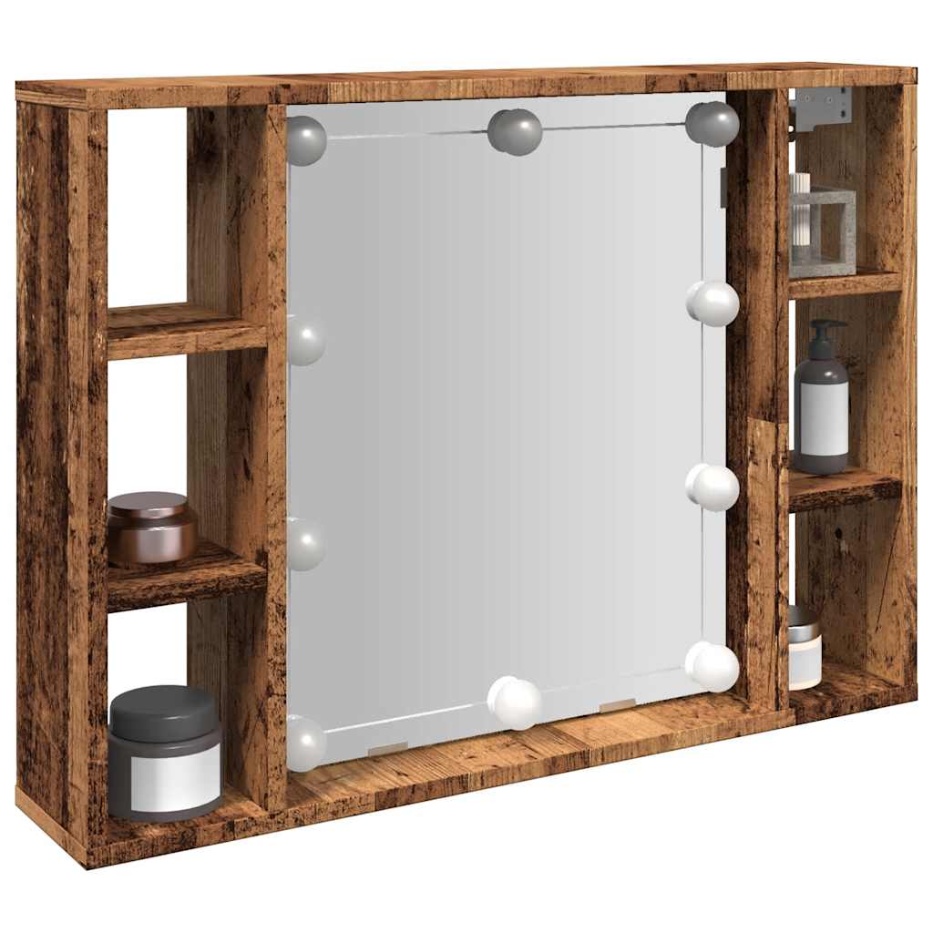 antik fa színű szerelt fa tükrös szekrény LED-ekkel 76x15x55 cm
