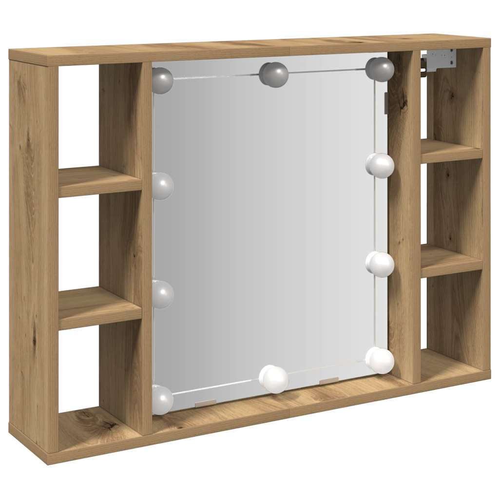 kézműves tölgy szerelt fa tükrös szekrény LED-ekkel 76x15x55 cm