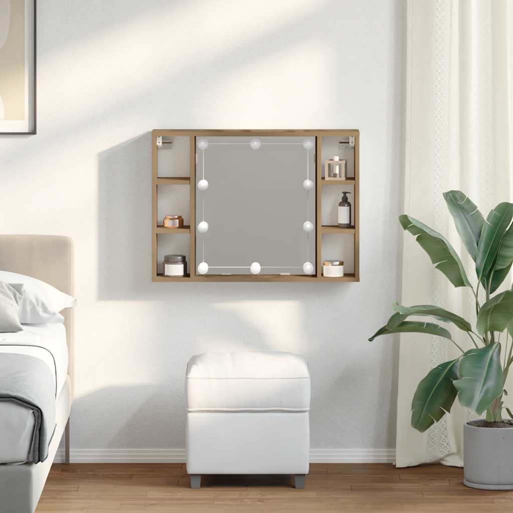 kézműves tölgy szerelt fa tükrös szekrény LED-ekkel 76x15x55 cm