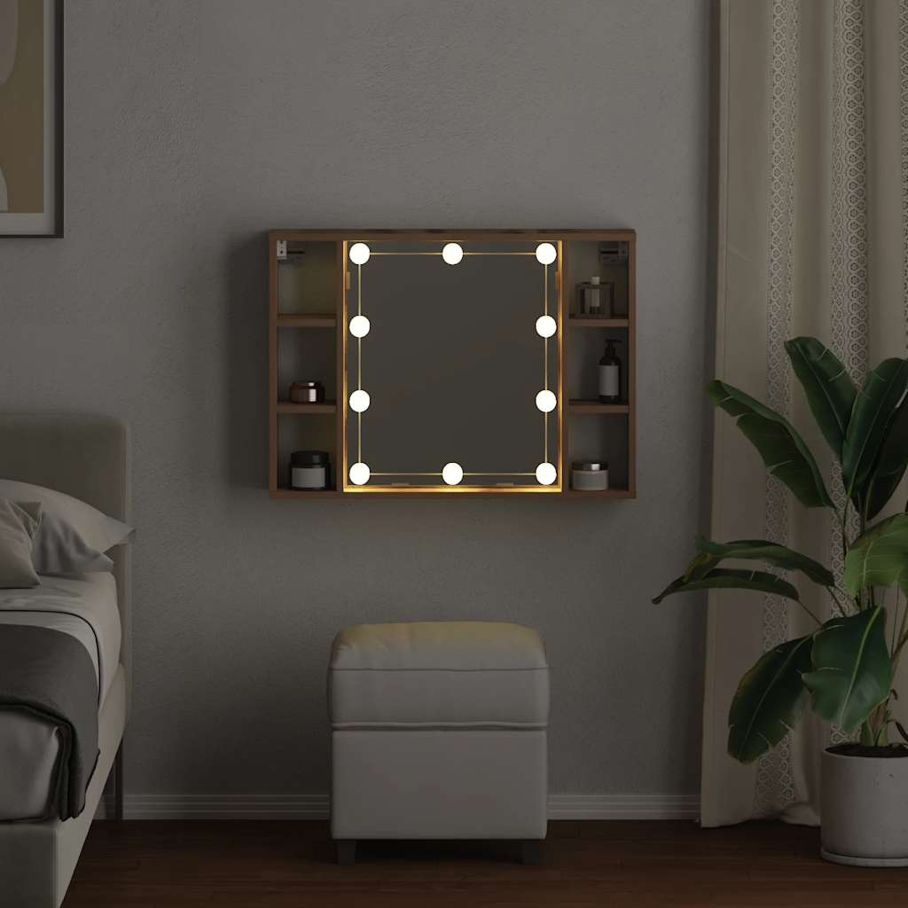 kézműves tölgy szerelt fa tükrös szekrény LED-ekkel 76x15x55 cm