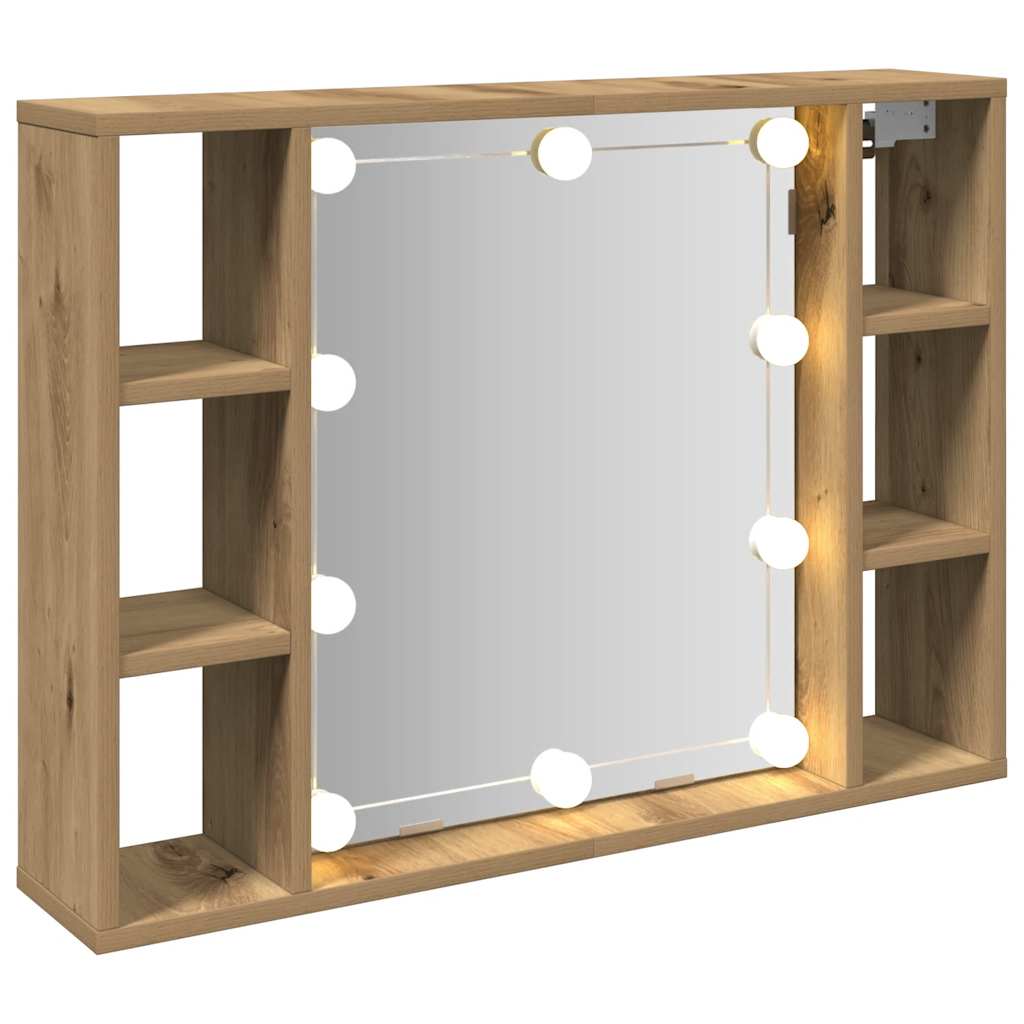 kézműves tölgy szerelt fa tükrös szekrény LED-ekkel 76x15x55 cm