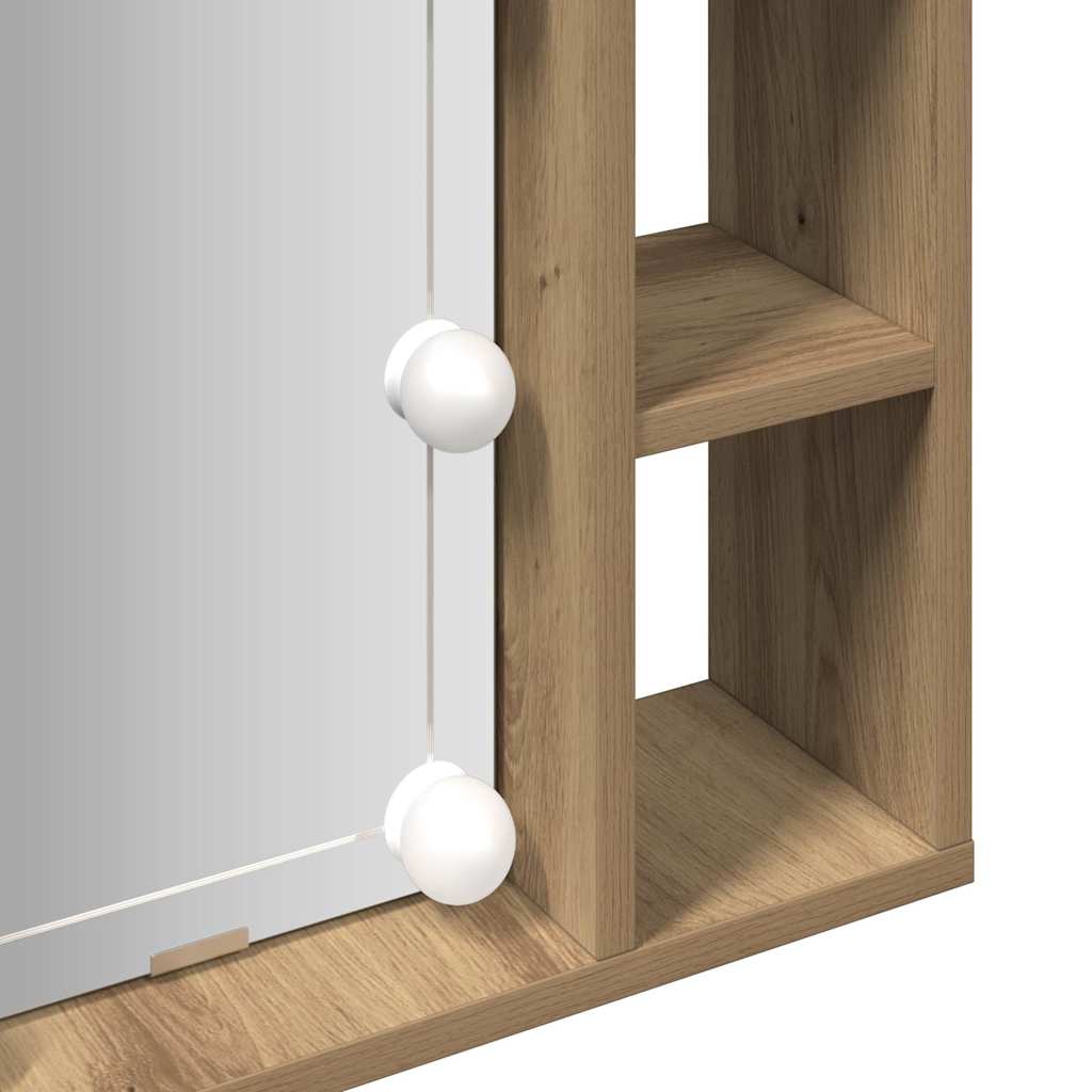 kézműves tölgy szerelt fa tükrös szekrény LED-ekkel 76x15x55 cm