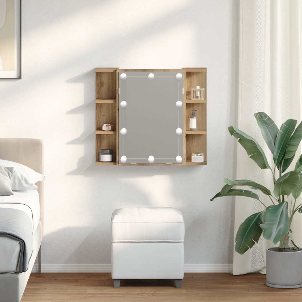 kézműves tölgy tükrös szekrény LED-ekkel 70 x 16,5 x 60 cm