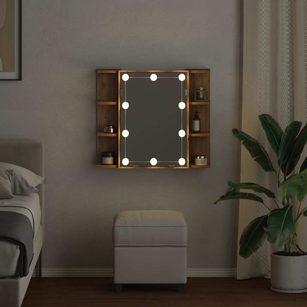 kézműves tölgy tükrös szekrény LED-ekkel 70 x 16,5 x 60 cm