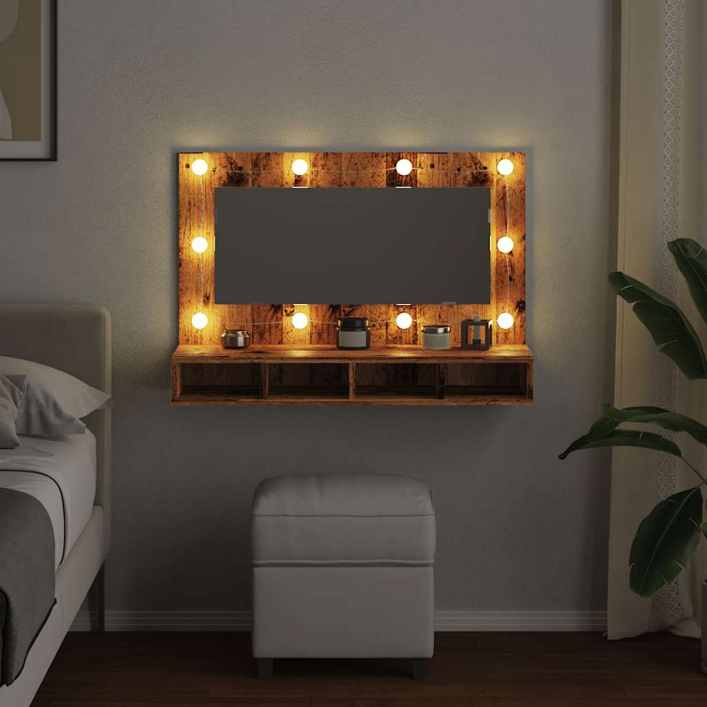 antik fa tükrös szekrény LED-ekkel 90x31,5x62 cm