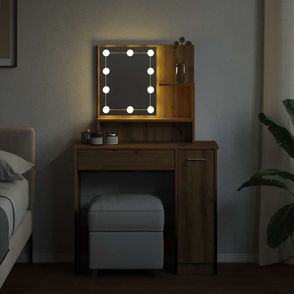 kézműves tölgy színű LED-es fésülködőasztal 86,5 x 35 x 136 cm