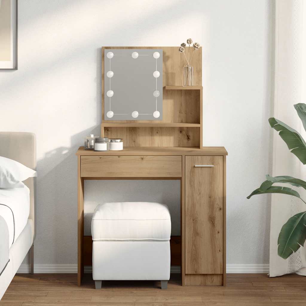 kézműves tölgy színű LED-es fésülködőasztal 86,5 x 35 x 136 cm