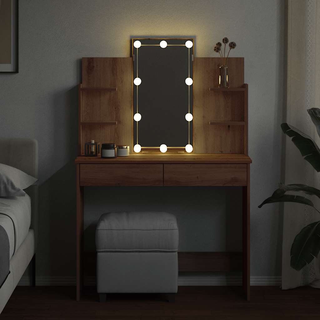 kézműves tölgy színű fésülködőasztal LED-del 96x40x142 cm
