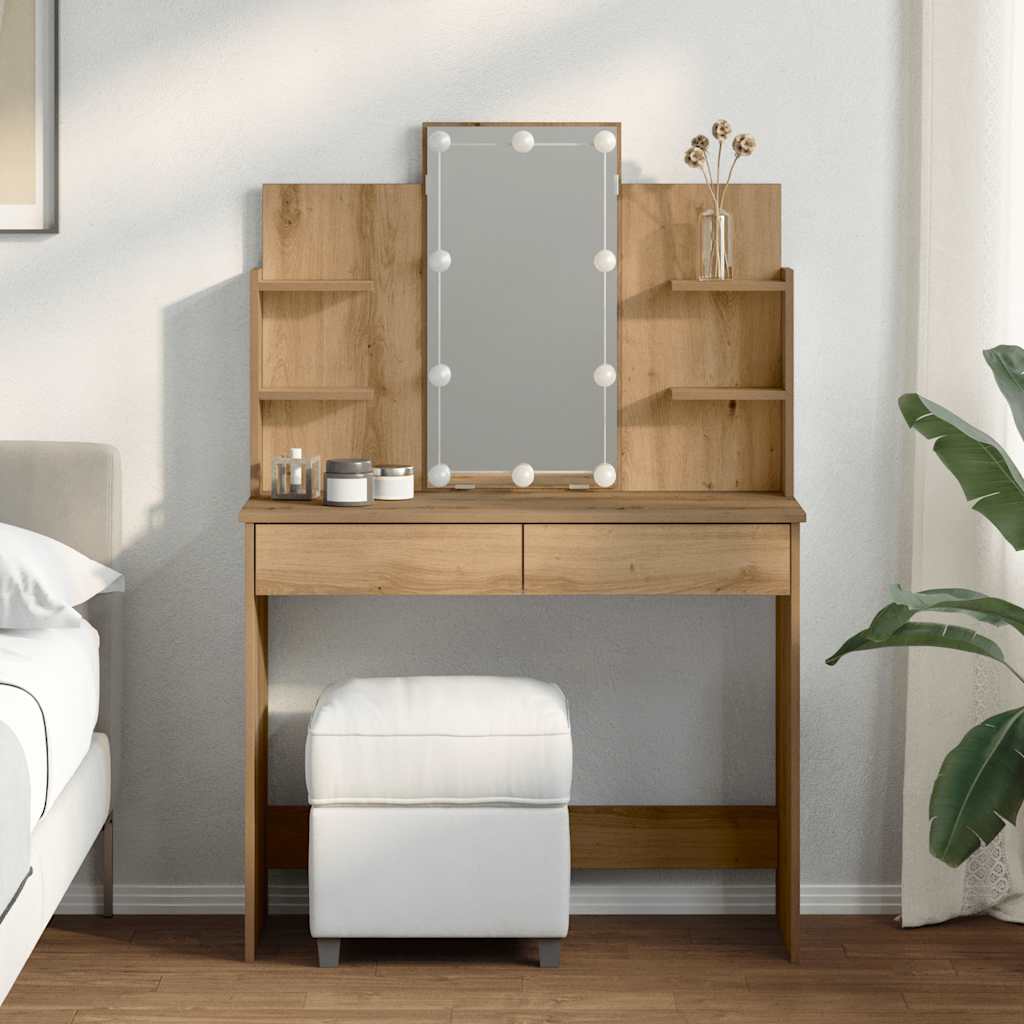 kézműves tölgy színű fésülködőasztal LED-del 96x40x142 cm