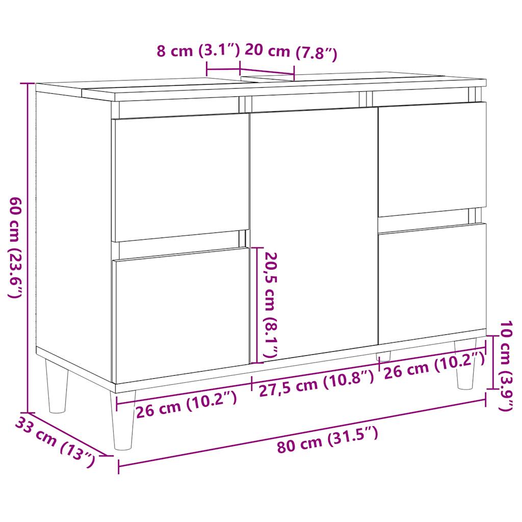 betonszürke szerelt fa mosdószekrény 80 x 33 x 60 cm
