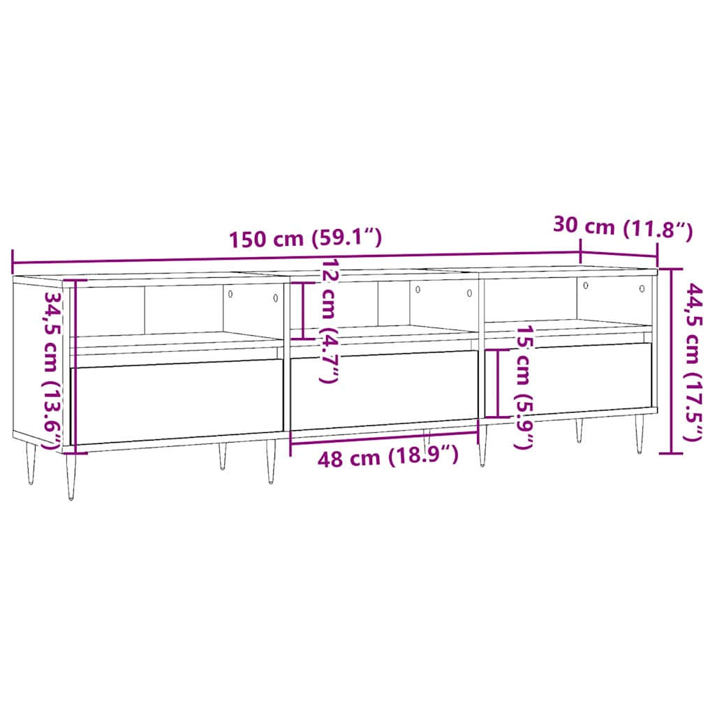 antik fa színű szerelt fa TV-szekrény 150 x 30 x 44,5 cm