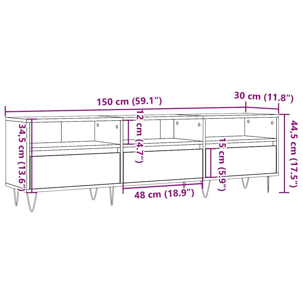 antik fa színű szerelt fa TV-szekrény 150 x 30 x 44,5 cm