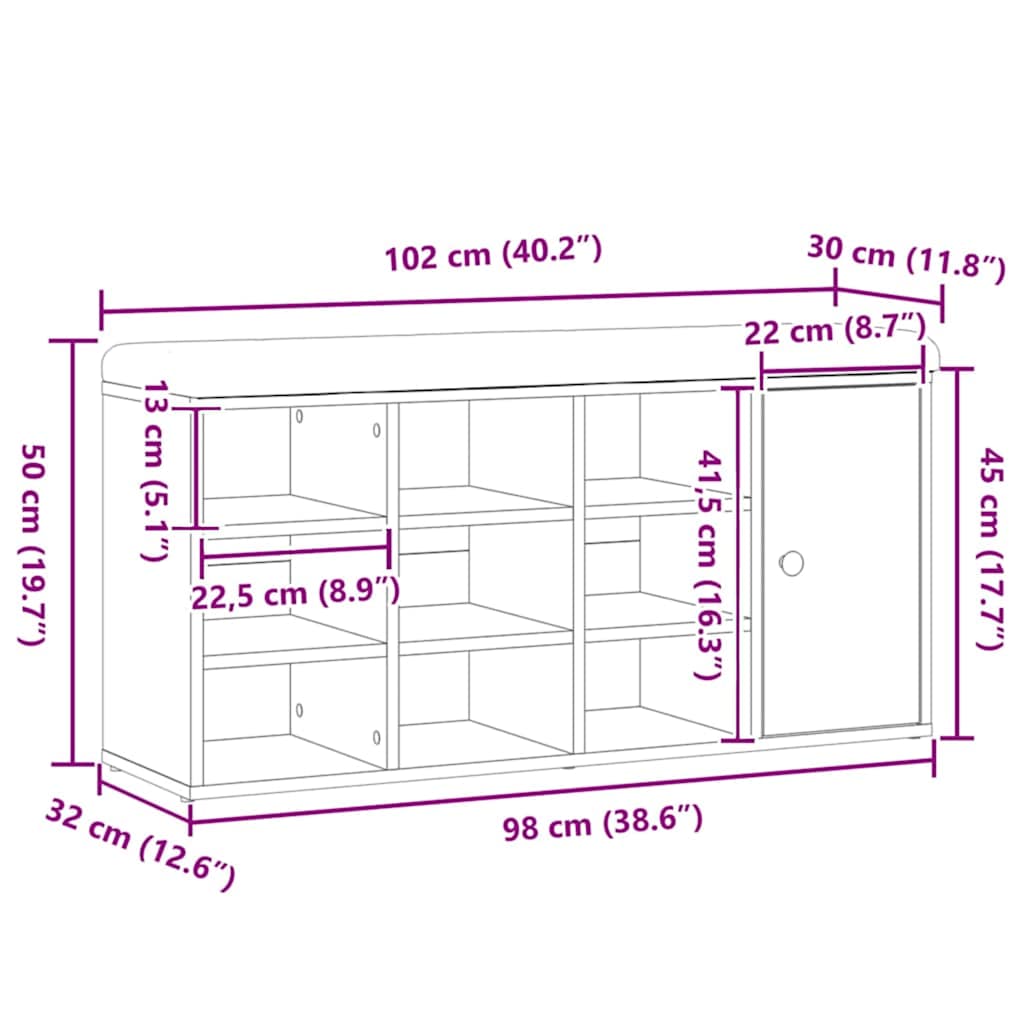 kézműves tölgy szerelt fa cipőtároló pad 102x32x50 cm