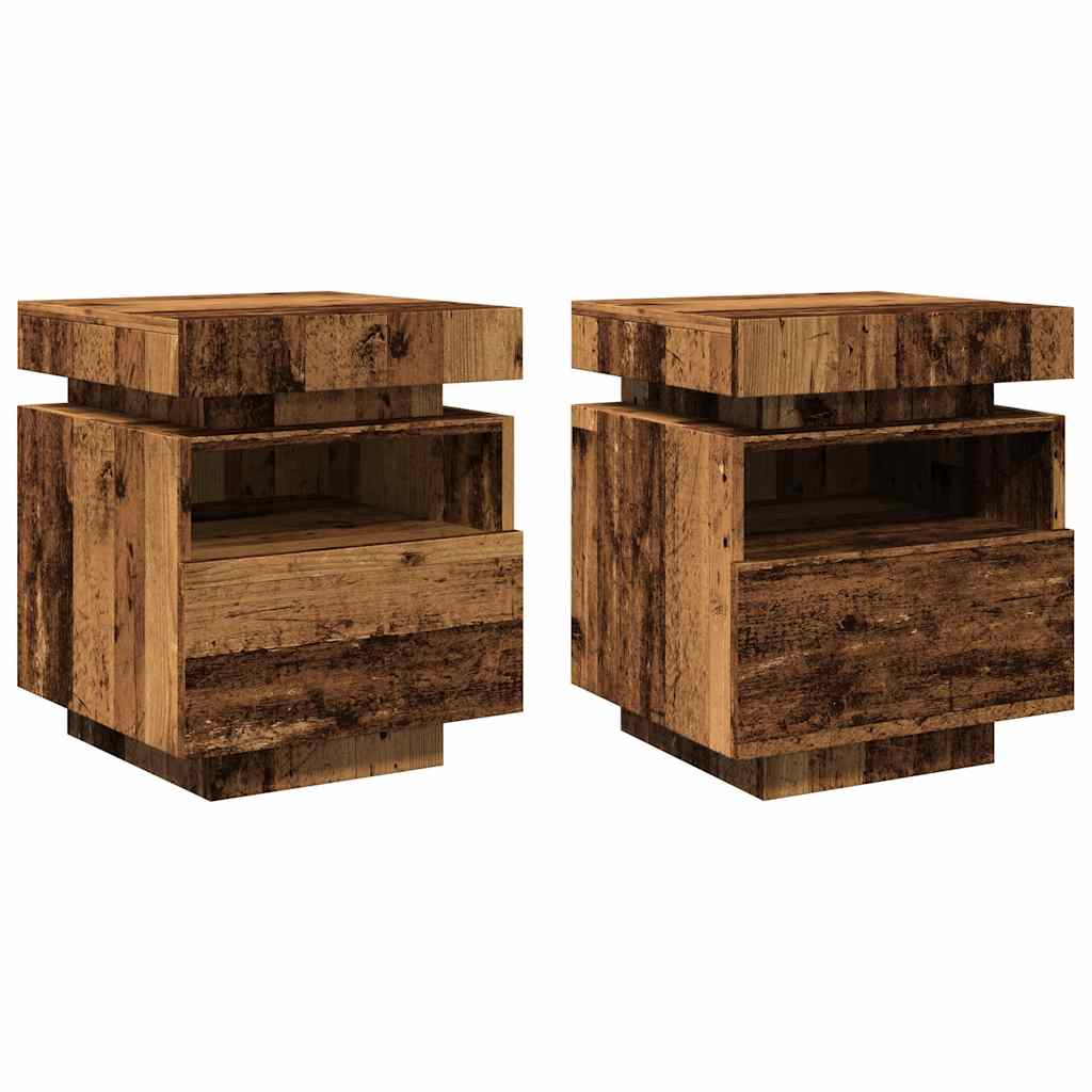 2 db antik fa színű éjjeliszekrény LED-fényekkel 40x39x48,5 cm