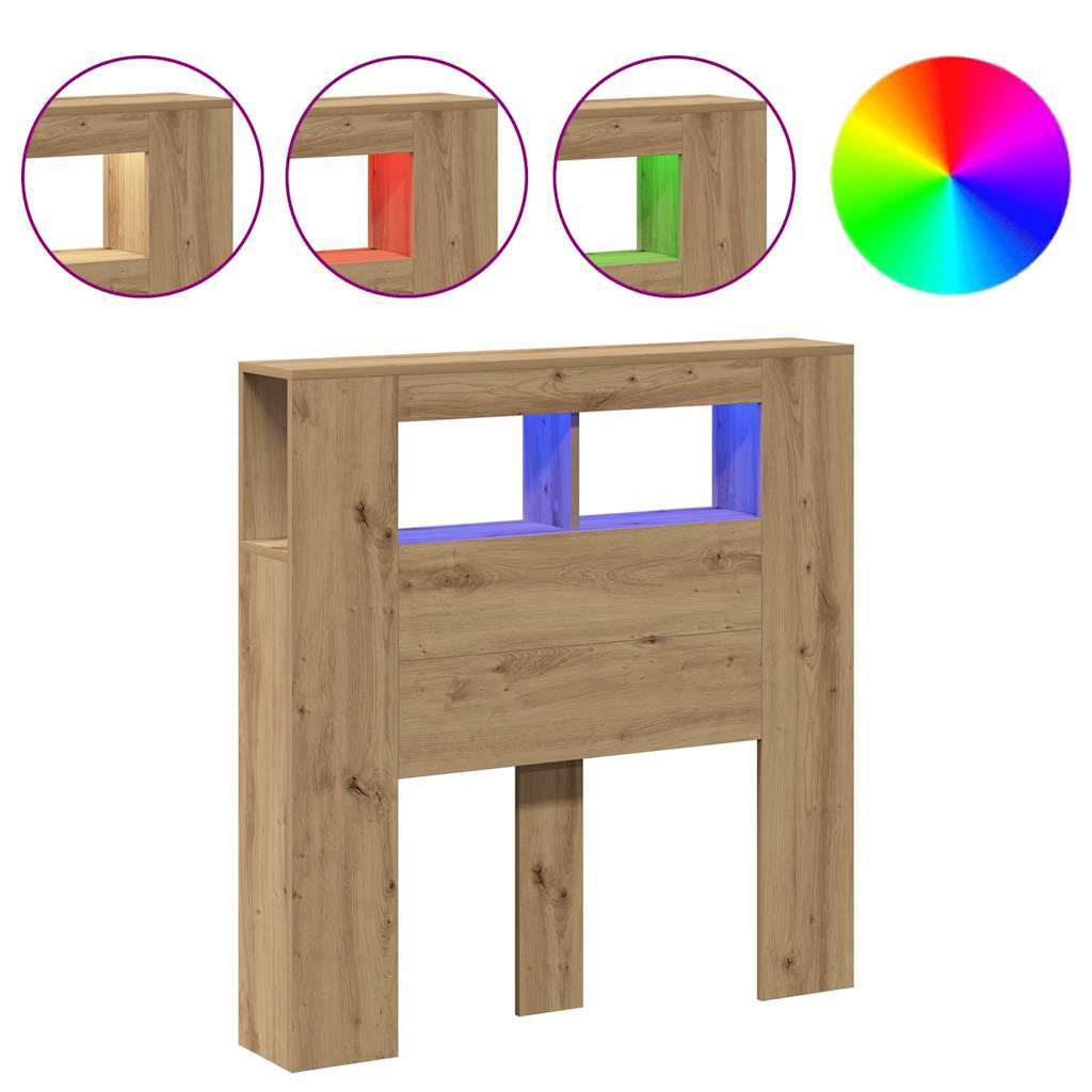 kézműves tölgyszínű szerelt fa LED-es fejtámla 100x18,5x103,5cm