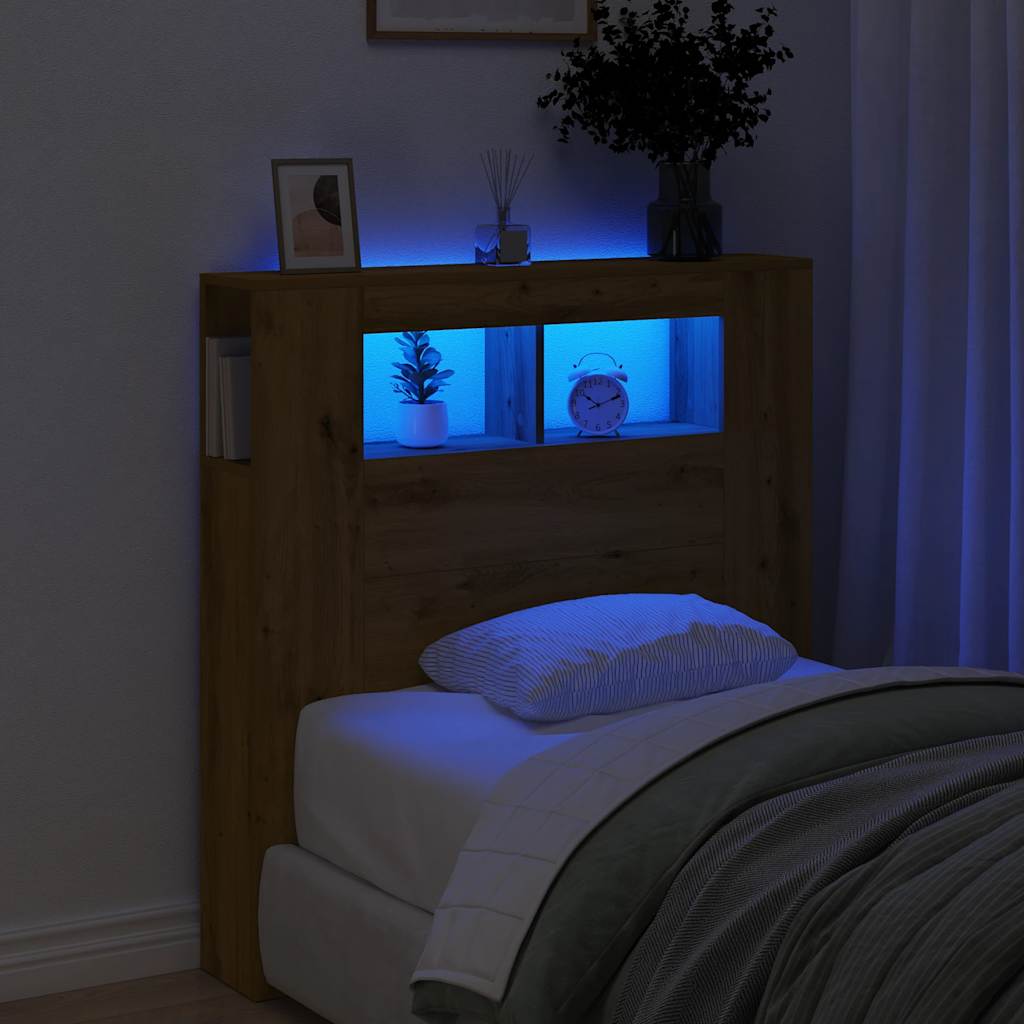 kézműves tölgyszínű szerelt fa LED-es fejtámla 100x18,5x103,5cm