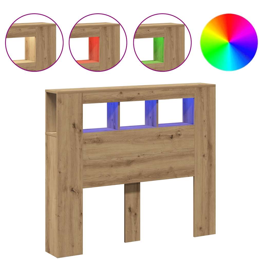 kézműves tölgyszínű szerelt fa LED-es fejtámla 120x18,5x103,5cm