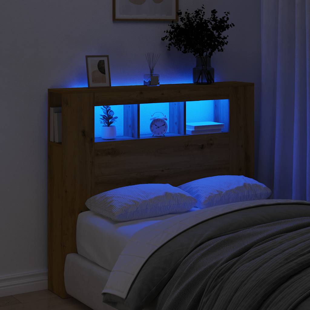 kézműves tölgyszínű szerelt fa LED-es fejtámla 120x18,5x103,5cm