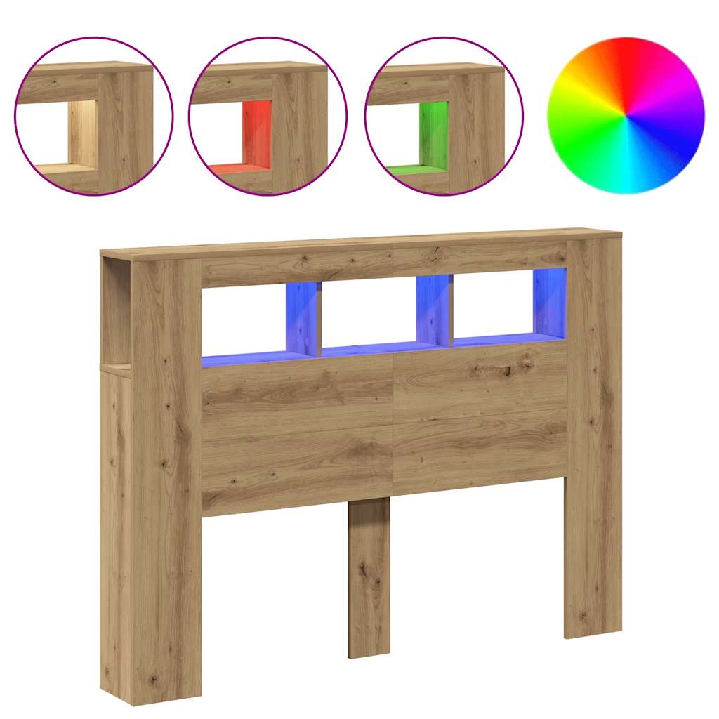 kézműves tölgyszínű szerelt fa LED-es fejtámla 140x18,5x103,5cm