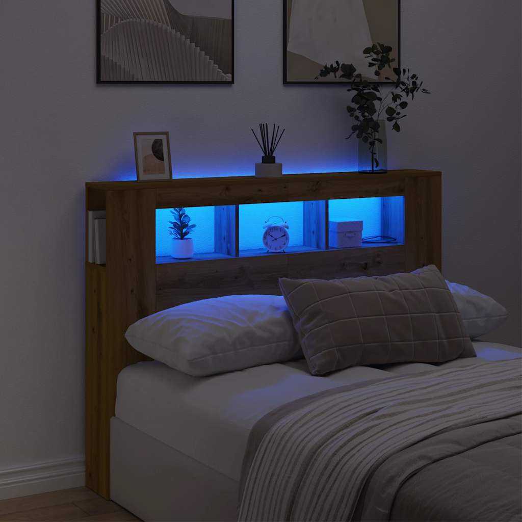 kézműves tölgyszínű szerelt fa LED-es fejtámla 140x18,5x103,5cm
