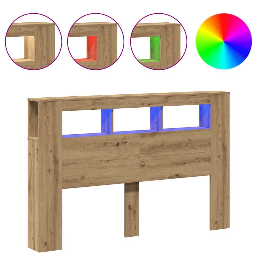 kézműves tölgyszínű szerelt fa LED-es fejtámla 160x18,5x103,5cm