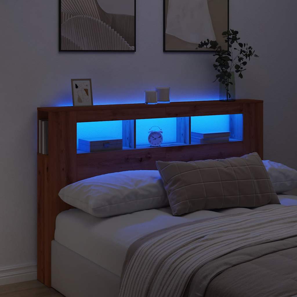 kézműves tölgyszínű szerelt fa LED-es fejtámla 160x18,5x103,5cm