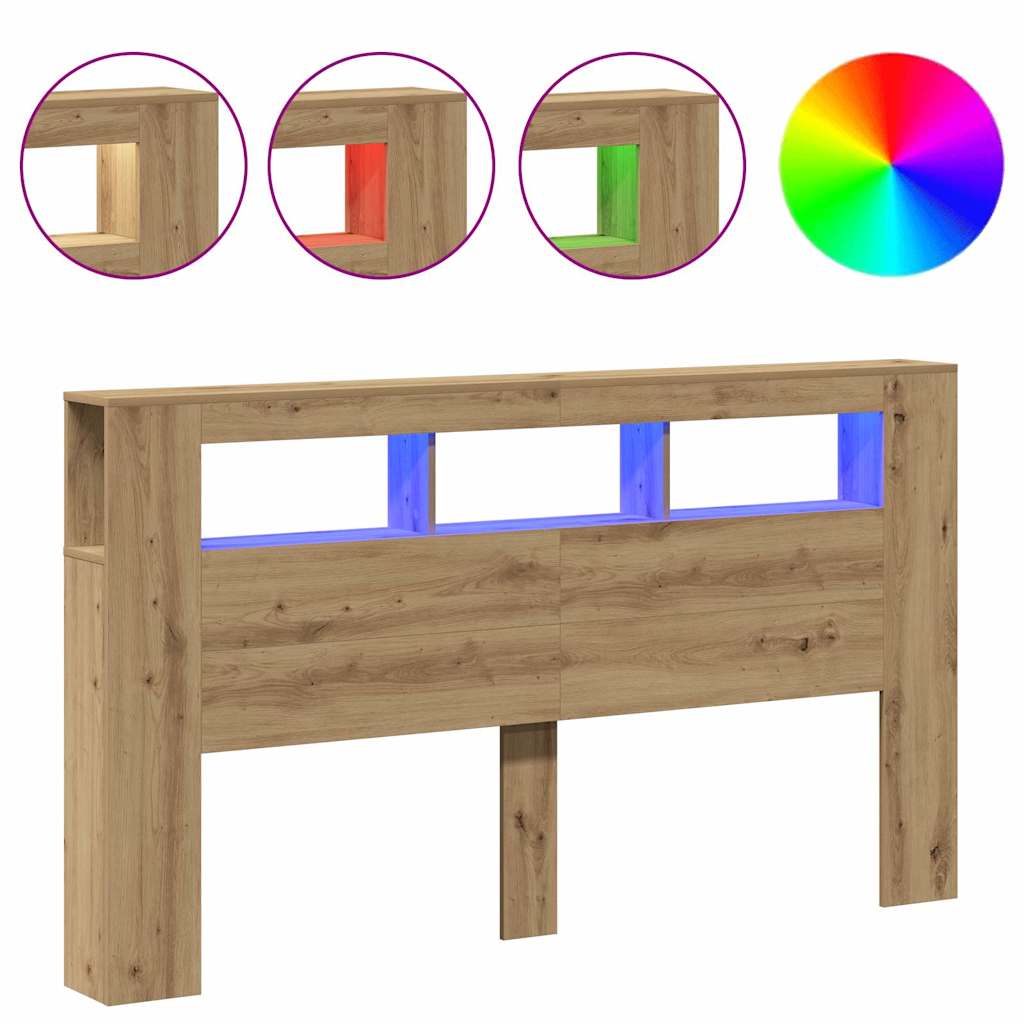 kézműves tölgyszínű szerelt fa LED-es fejtámla 180x18,5x103,5cm