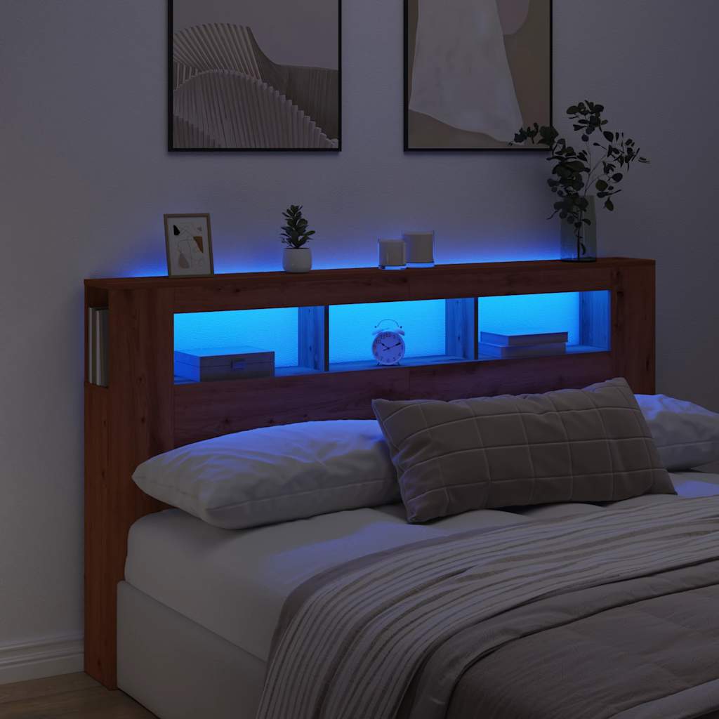 kézműves tölgyszínű szerelt fa LED-es fejtámla 180x18,5x103,5cm
