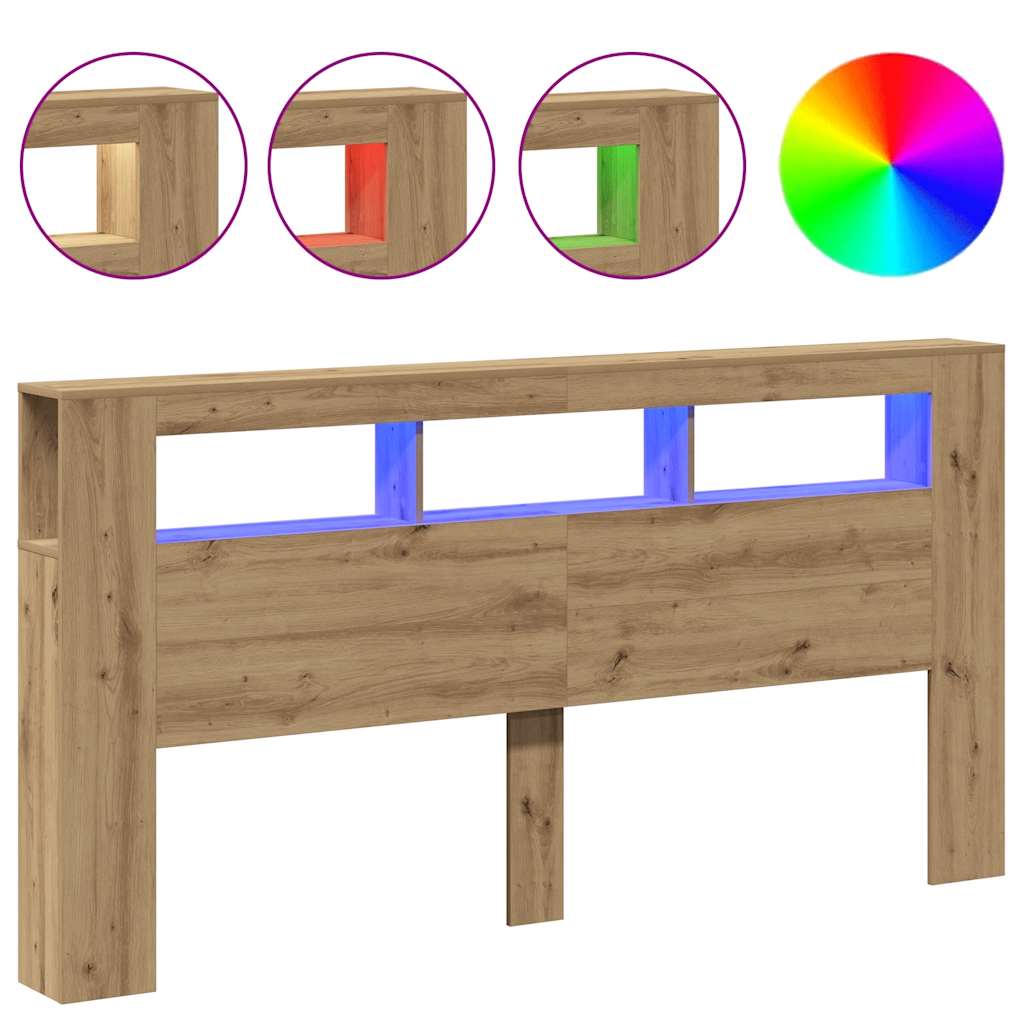 kézműves tölgyszínű szerelt fa LED-es fejtámla 200x18,5x103,5cm