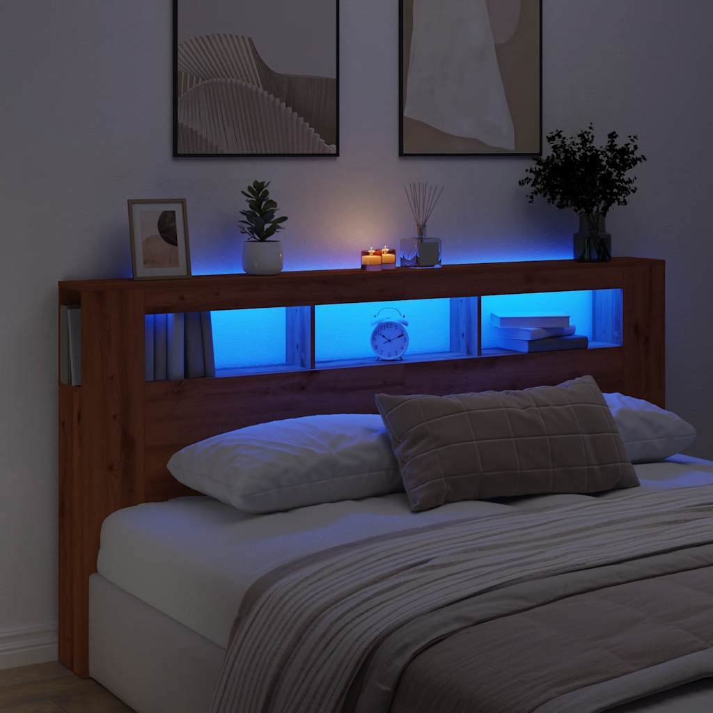 kézműves tölgyszínű szerelt fa LED-es fejtámla 200x18,5x103,5cm