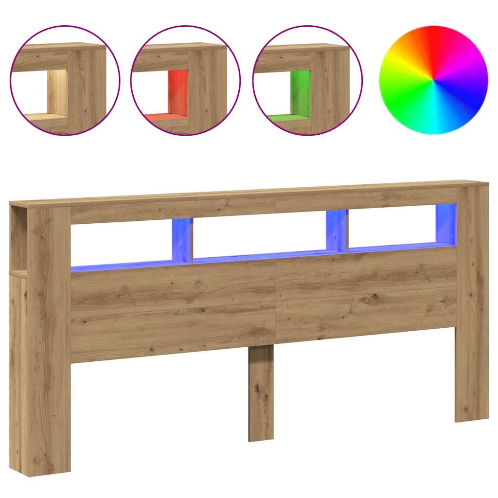 kézműves tölgyszínű szerelt fa LED-es fejtámla 220x18,5x103,5cm