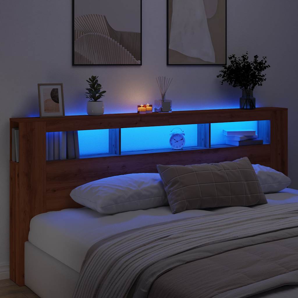 kézműves tölgyszínű szerelt fa LED-es fejtámla 220x18,5x103,5cm