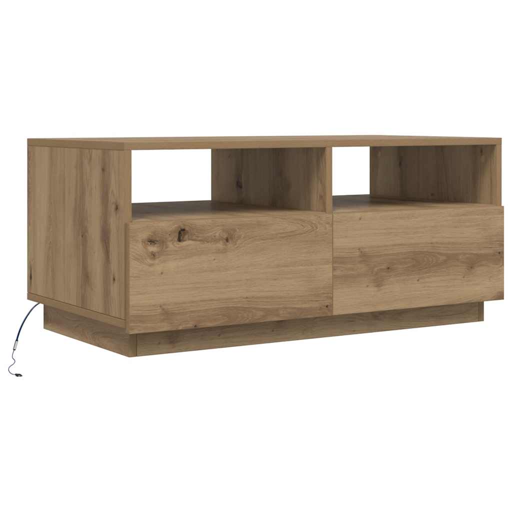 kézműves tölgyszínű dohányzóasztal LED-lámpákkal 90x49x40 cm