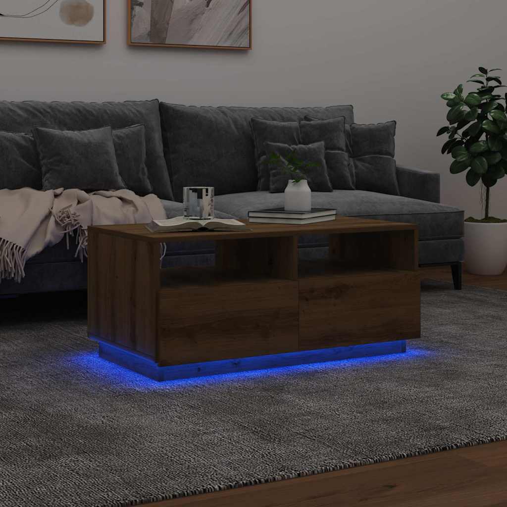 kézműves tölgyszínű dohányzóasztal LED-lámpákkal 90x49x40 cm