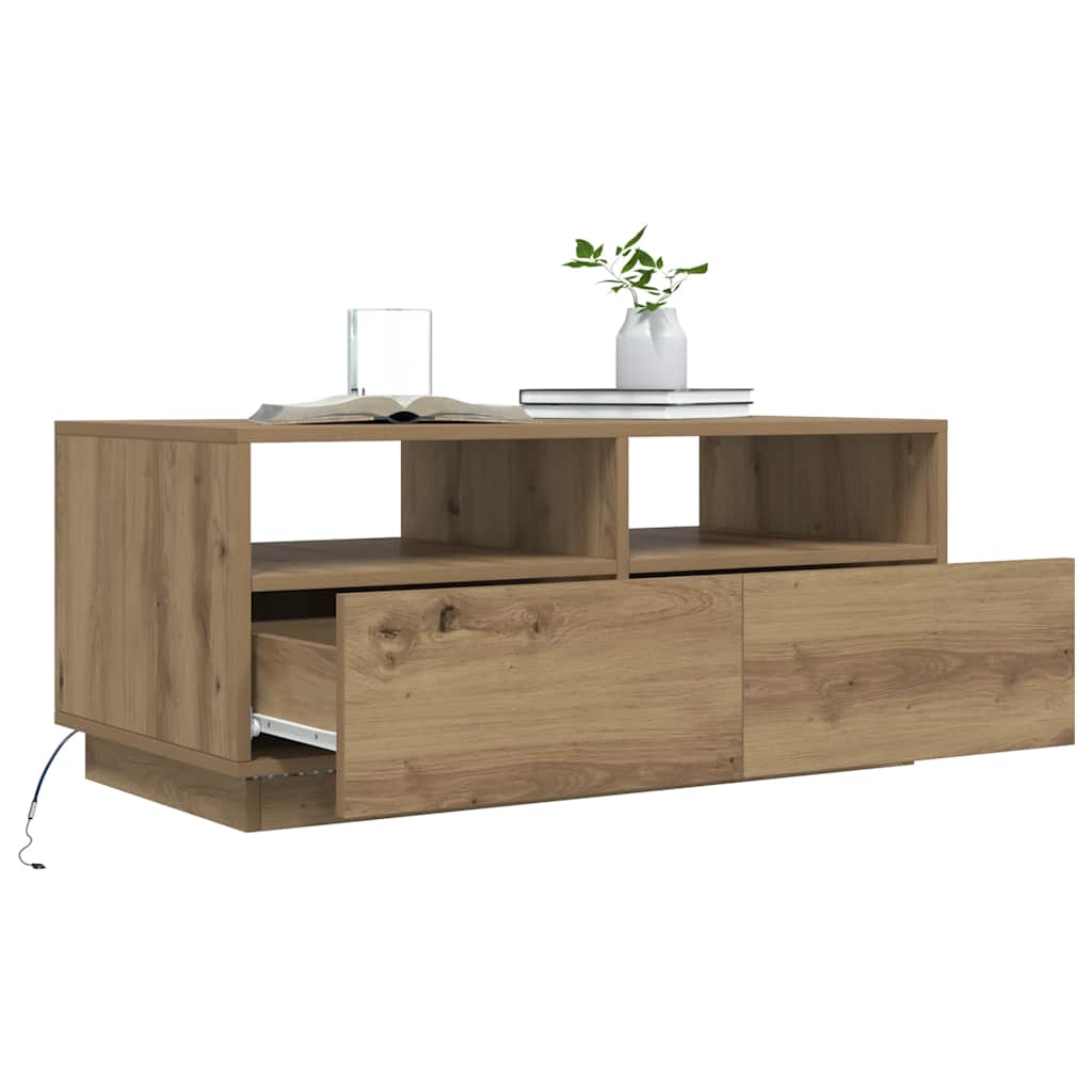 kézműves tölgyszínű dohányzóasztal LED-lámpákkal 90x49x40 cm