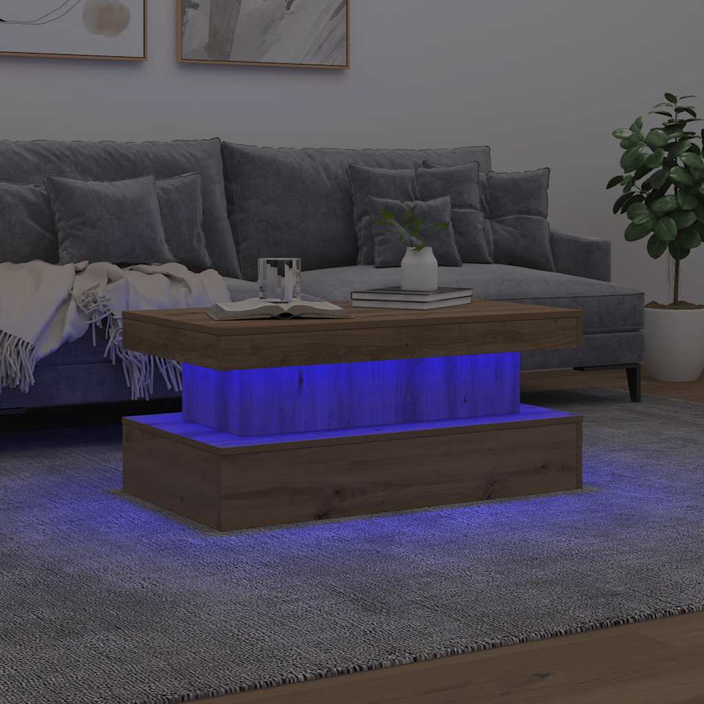 kézműves tölgy színű dohányzóasztal LED-lámpákkal 90x50x40 cm