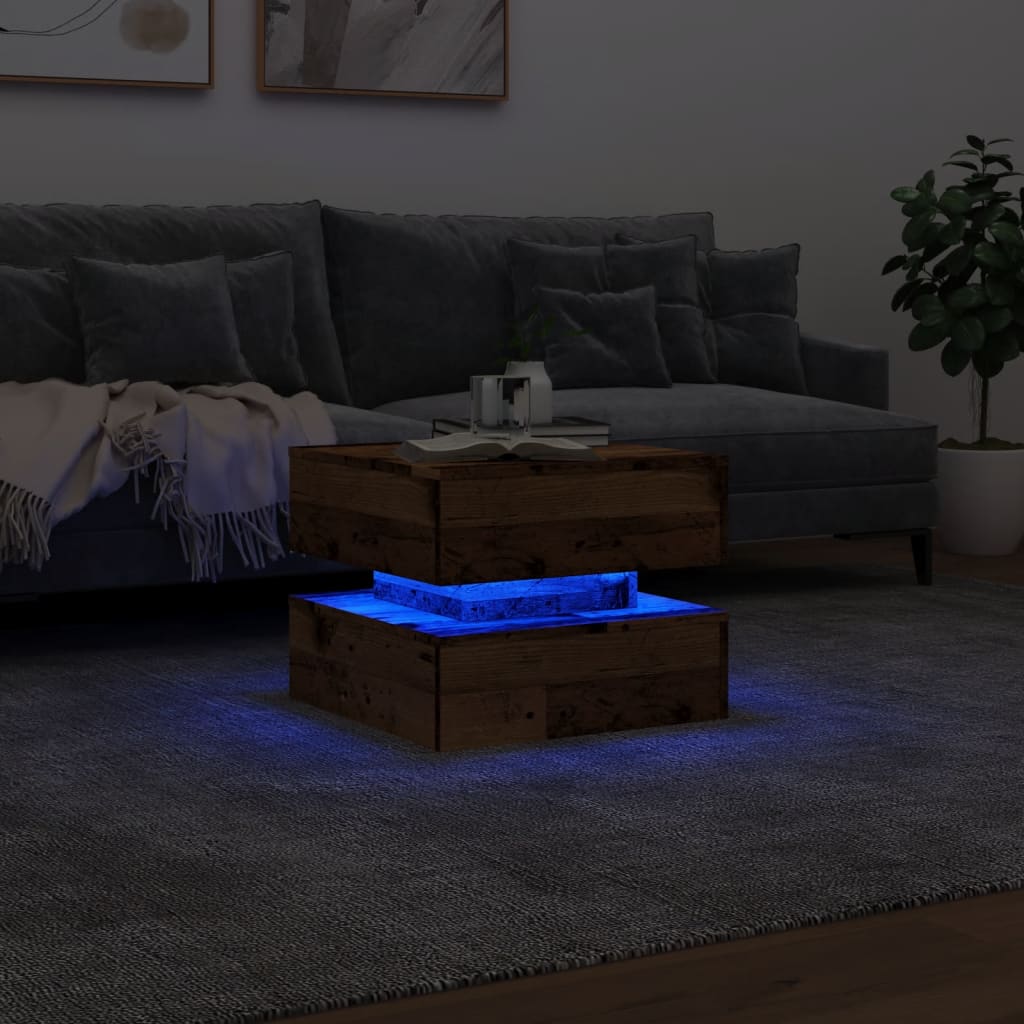 antik fa színű dohányzóasztal LED-lámpákkal 50 x 50 x 40 cm