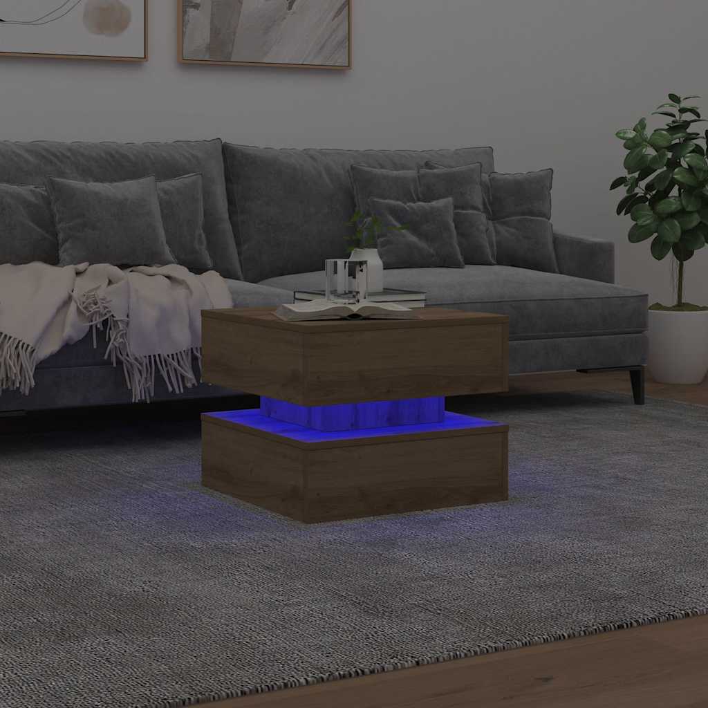 kézműves tölgy színű dohányzóasztal LED-lámpákkal 50x50x40cm