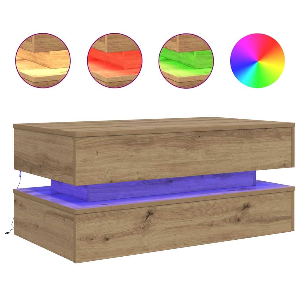kézműves tölgy színű dohányzóasztal LED-lámpákkal 90x50x40 cm