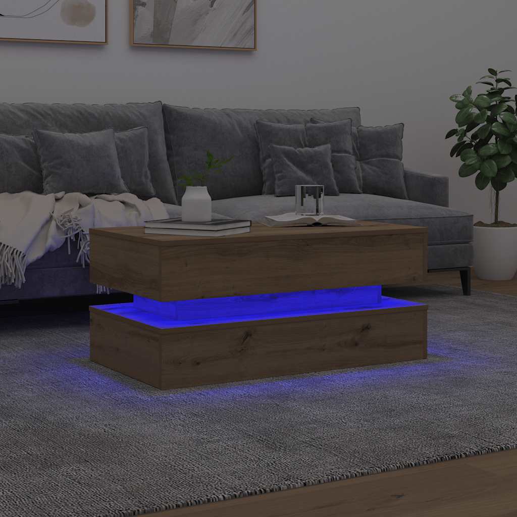 kézműves tölgy színű dohányzóasztal LED-lámpákkal 90x50x40 cm