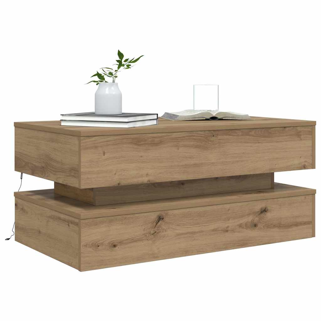 kézműves tölgy színű dohányzóasztal LED-lámpákkal 90x50x40 cm